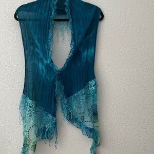 Boho cotton & lace blend Fringe Scarf. Hippy vibe. Multi-color Teal & Green
OS